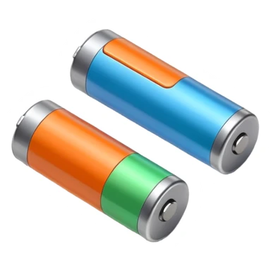pair of cylindrical batteries with metallic tops and colored bands (orange, blue, or green) to indicate charge, positioned side by side or slightly angled, visible terminals, clean minimal design, no packaging, charger, or device, soft lighting, subtle shadows, emoji scale sticker