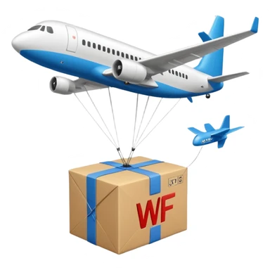 Plane dropping a parachute holding a box with the letters “WF” large and bold on the side  sticker