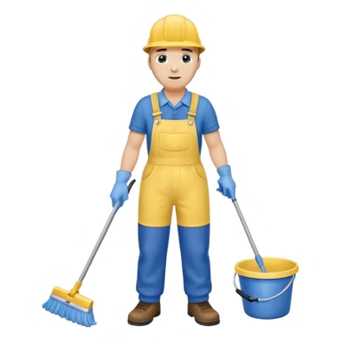 Custodian with yellow rubber gloves, blue overalls mopping floor sticker