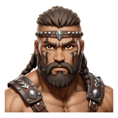 Clash of Clans aesthetic: Cinematic Rugged Barbarian Portrait Emoji, Intense and formidable with a heavily muscled physique, a rugged beard, piercing eyes, and battle-worn armor adorned with tribal markings, his face showcasing a realistic tan skin tone, Simplified yet powerfully detailed features, highly detailed, glowing with a deep, primal energy, high shine, gritty and uncompromising, stylized with an air of raw, untamed power, focused and determined, soft glowing outline, capturing the essence of a barbarian warrior carved by countless battles and poised to lead his clan into epic conflict! sticker