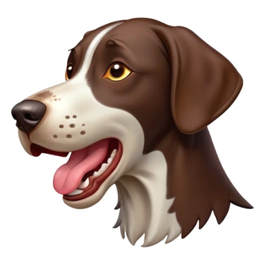 Cinematic Comical German Pointer Dog Portrait Emoji, Head tilted dramatically while yawning exaggeratedly, sleek brown and white fur, Simplified yet hilariously adorable features, highly detailed, glowing with an almost sarcastic glow, high shine, a mix of lazy and curious, stylized with a touch of playful whimsy, bright and alert but with a comical expression, soft glowing outline, capturing the essence of a mischievous yet overly dramatic dog, so meme-worthy it feels like it could leap off the screen and sassily demand attention, ready to become the internet’s next viral sensation! sticker