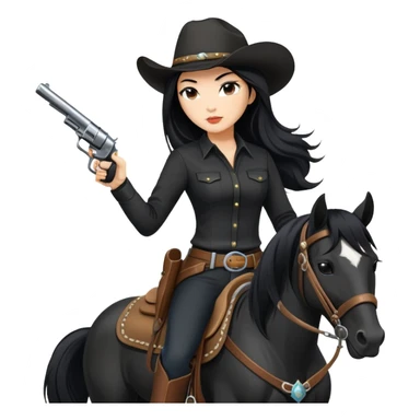 confident Asian woman with long black hair wearing black outfit riding a horse cowgirl style with a pistol sticker