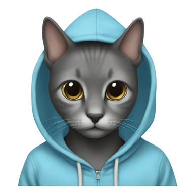 Cat wearing baby blue hoodie and a black MacBook sticker