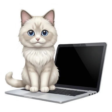 Cute ragdoll cat on a laptop. Should sit on top of the laptop, cat is way bigger than the laptop. Could walk on the laptop or sit. I liked the first one but remove the blue on the cat, Please make the brown parts light grey sticker