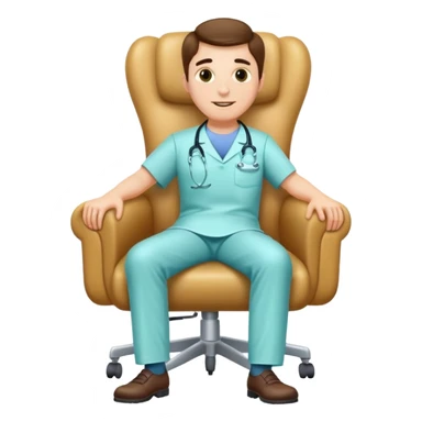 The dentist is sitting in an armchair, leg on leg. on the sole is written: "I'm going home." sticker