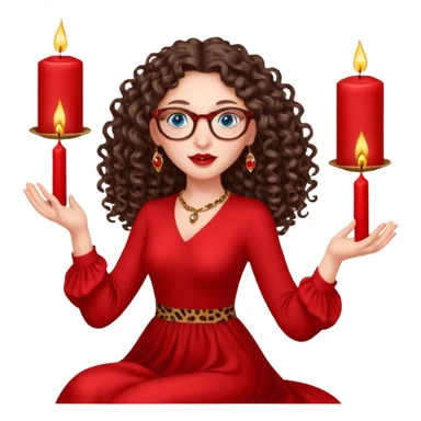 a blue eyed woman with very long brunette curly hair, full lips,and really pale skin. She is wearing a leopard printed thin round-ish glasses . She is wearing fully plain silky red dress. She is flying on the air. There are red candles in her hands. She is making a magic. sticker