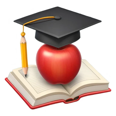 An icon featuring an open book, a chalkboard with lesson plans, and a pencil, symbolizing education and pedagogy. The design includes an apple and a graduation cap, representing teaching and learning. Transparent background highlights the growth and development in education. sticker