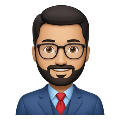 Attractive Hispanic TV host in his mid to late 40s with light brown skin, short straight black hair slicked back with fade on sides, heart handsome face with strong jawline, friendly approachable expression, black beard, wearing glasses sticker