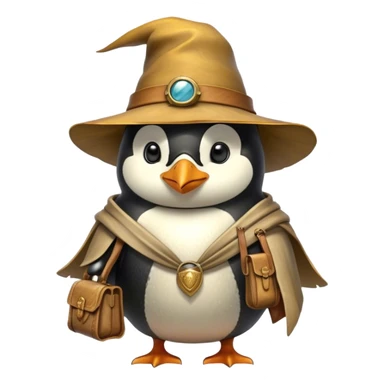 A explorer penguin inspired by Indiana Jones, wearing a weathered yellow enchanted hat and a flowing cape. It carries a leather satchel with ancient scrolls. Cartoon-style, smooth shading, highly detailed, no background sticker