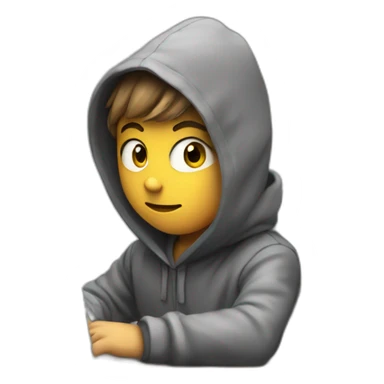 Young boy with a hood behind his computer and focus on his code  sticker