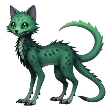 Scaley Kawaii spectral spooky dark bleak blackish swampy white-skeletal gloomy ghostly dark greyish dark-deep-greenish foggy eldritch beautiful realistic edgy fantasy ghoul-like stitched feline-vernid-sergal-fursona animal creature with a tufted tail full body with intricate markings  sticker