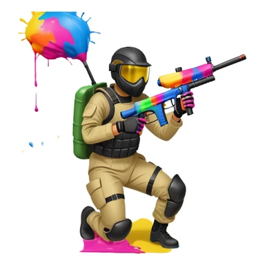A dynamic scene of a player in action, holding a paintball gun and wearing protective gear. The background shows a vibrant paintball field with obstacles, colorful splatters of paint in the air, and an intense, competitive atmosphere. sticker