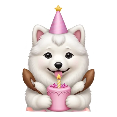 cute samoyed hold a pink birthday cake in both arms with pink birthday hat sticker