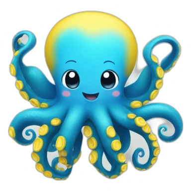 A blue cute octopus with a big smile with yellow under arms, blue coloured itself, Disney style sticker