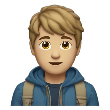 The boy has brown bangs with beige skin and a blue jacket and blue pants sticker