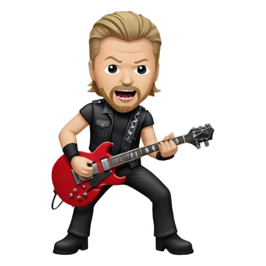 Create a bold and energetic emoji representing James Hetfield with his iconic guitar. The design should feature James Hetfield holding his famous ESP Explorer guitar, known for its sharp, angular body shape. The emoji should convey a sense of power and energy, with James positioned in a strong, rockstar pose, playing with passion. Add subtle elements like a microphone stand, amplifier, or stage lighting to reflect the live performance vibe. Use dark, metallic colors like black, silver, and red, reflecting the heavy metal aesthetic. The background should be transparent. sticker