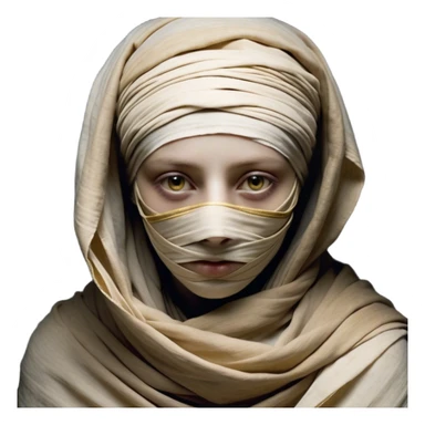 Regal and timeless, fully wrapped in meticulously aged bandages, even its face veiled in layers of ancient cloth with only faint glimpses of deep, solemn eyes peering through, adorned with faded gold accents, exuding an air of forgotten majesty and solemn duty, highly detailed, softly glowing, evoking the dignified mystery of an eternal guardian watching over lost secrets! sticker