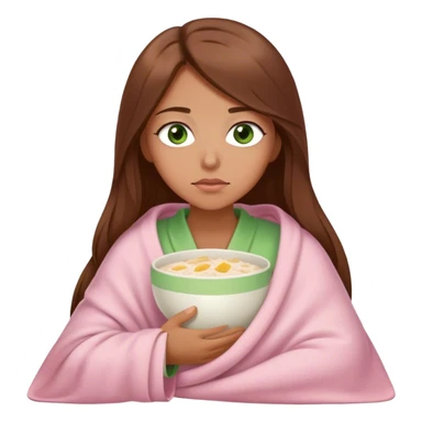 woman with very long brown hair and green eyes in a light pink blanket sleepy with porridge sticker