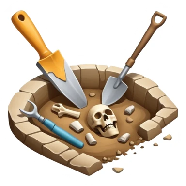 An icon featuring an excavation site with a trowel and ancient artifacts, like pottery and bones, scattered around. The design includes a partially uncovered fossil and a digging brush, symbolizing the discovery of history through archaeology. Transparent background  sticker