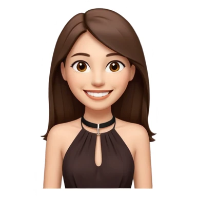emoji-style illustration of a stylish pretty big smile woman with long straight brown hair, wearing a dark halter neck dress, elegant and minimalistic look, front-facing, soft 3D cartoon rendering, plain background sticker