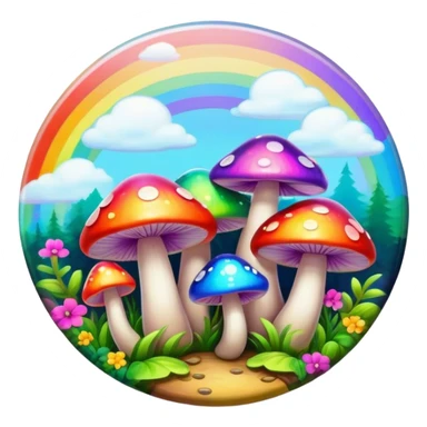 A round psychedelic colored button with bezeled edges and rainbow colored mushrooms sticker