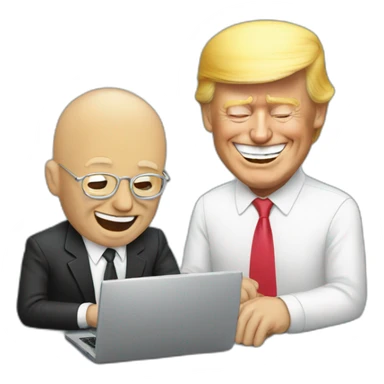 Donald Trump laughing at bald man typing on laptop sticker