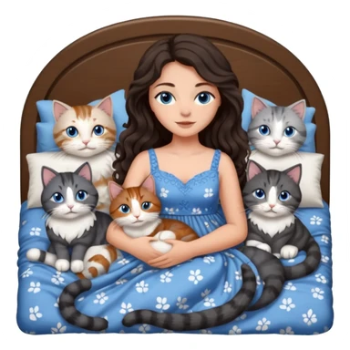 detailed realistic looking a dark grey and white cat regally laying with six other cats, cuddling with their owner in bed who is a pretty bratz lightly tanned white girl with long dark brown hair, blue eyes and gorgeous long wavy hair wearing a pretty detailed dress sticker
