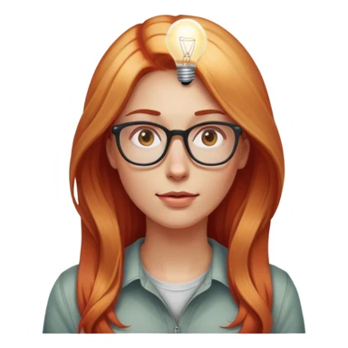 intelligent and clever, 30 year old, girl, long red and almost blond hair, glasses, has an brillant idea, light bulb over the head, casual cloth  sticker