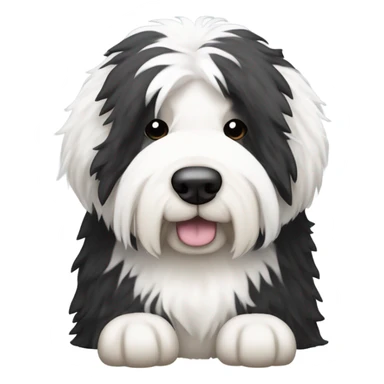 Old English sheepdog with a half and half face like a black (right side) and white (left side) cookie sticker
