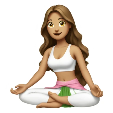 A girl with brown long hair, fair skin and green eyes is sitting in a lotus position in a white bra top and pink skirts sticker