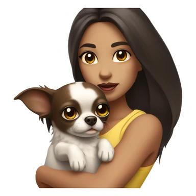 A girl with long very dark brown hair, big brown eyes, very big lips wearing a white singlet top, she is holding a small very chihuahua that is solid yellow sticker