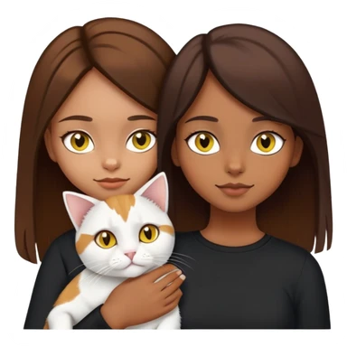 Brown straight-haired girl wearing black top with a pure white cat with yellow eyes and a calico cat sticker