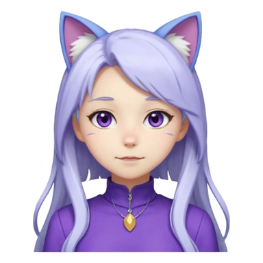 female anime character with long white hair and periwinkle highlights and cat ears on her head. She is wearing a purple outfit with a high neckline and long sleeves.  sticker