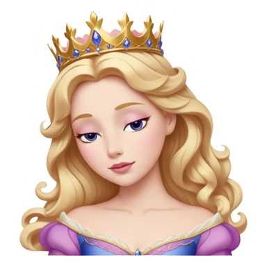Cinematic Realistic Sleeping Beauty (Aurora) Portrait, with porcelain-like skin featuring a natural rosy flush, illuminated by soft lighting that highlights the gentle contours of her face. Her golden blonde hair flows in soft, detailed waves with subtle highlights that shimmer in the light. Her deep violet-blue eyes radiate warmth and innocence, framed by arched brows and long lashes. Her serene expression exudes quiet elegance. She is dressed in her classic pink gown, the fabric rich in texture with delicate folds that catch the light. A golden crown rests atop her head, gleaming with royal refinement. The portrait captures a soft, glowing aura, blending realism with an ethereal sense of beauty and timeless enchantment. sticker
