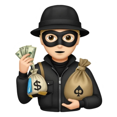 A emoji of a person wearing a robber outfit and a black hat and a black mask and a Money Bag sticker
