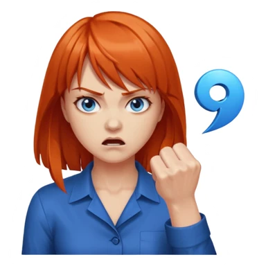 A woman with dark orange hair and bangs, blue eyes, an asmr streamer, angry, clenching his fist sticker
