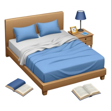 messy bed with a wrinkled blanket, the pillow out of place on the floor. Around the bed, scattered items include a t-shirt, pants, and an open book on the floor. sticker