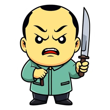 Deng Xiaoping as a cartoon villain, exaggerated angry expression, holding a knife, sticker style sticker