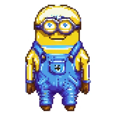 happy Minion pixel art character, classic yellow body, blue overalls, one eye sticker