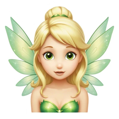 Cinematic Realistic Blonde Tinker Bell Fairy Portrait, head tilted playfully and inquisitively, showcasing a delicate pixie form with finely detailed, golden blonde hair and softly glowing, translucent wings that catch the light with a cascade of fairy dust. Her bright, curious eyes sparkle with mischief and wonder, rendered with lifelike clarity and warm, gentle lighting that captures the essence of a spirited, charming fairy ready to flutter playfully into your heart. sticker