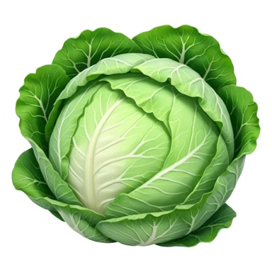 whole round cabbage with smooth, tightly packed pale green to white leaves forming a firm, spherical head, outer layers show gentle veining and slight natural gloss, soft lighting, subtle shadows, emoji scale sticker