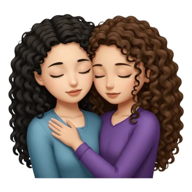 Both girls eyes closed facing each other foreheads touching Girl with really long black curly wavy hair taller and light brown tan skin hugging another girl with medium length brunette curly hair short and long eyelashes sticker