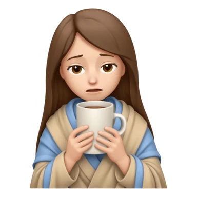 emoji-style illustration of a sad crying woman with long straight brown hair, wrapped in a cozy beige blanket, holding a mug cup, minimalistic look, front-facing, soft 3D cartoon rendering, plain background sticker
