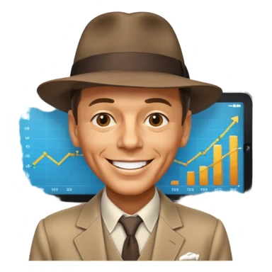 Frank Sinatra with the hat on, smiling and showing data analytics on a screen in the background sticker