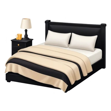 Black bed with pillows and blankets, cozy vibe white and beige sticker