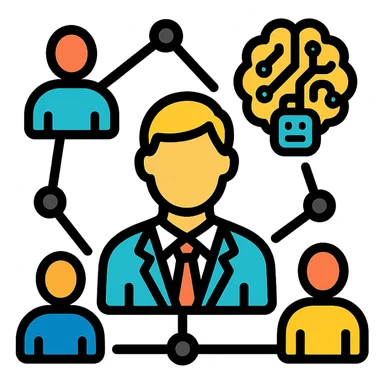 modern icon for a manager-focused AI community, showing people connected by network nodes and a hint of AI, such as a digital brain or robot outline sticker