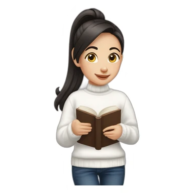 dark haired girl with a pony tail, wearing a white sweater with a new year ornament, in dark blue jeans. She is holding a book of English grammar in her hands. sticker