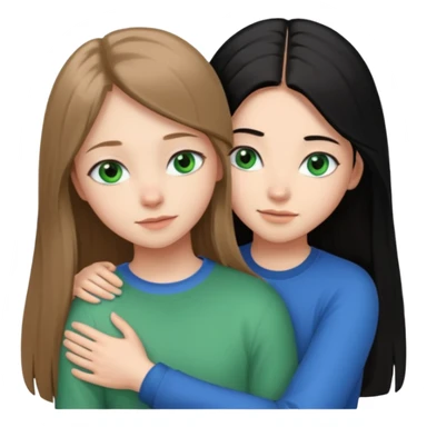 una ragazza dall‘ età di 19 anni con capelli castani chiaro lunghi e lisci ,  occhi CELESTI ,  e una ragazza di 17 anni capelli neri occhi verdi che si abbracciano   sticker