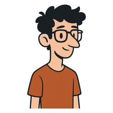 flat toon style skinny white boy with wavy black hair, big nose, black glasses sticker