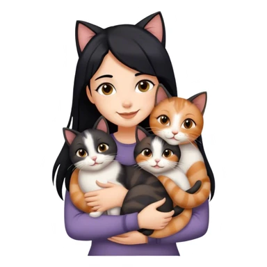 happy girl with black hair hugging three cats  (dark calico cat, gray cat, brown calico cat) sticker